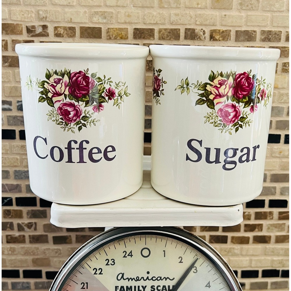 TG Green Pottery Cloverleaf Coffee & Sugar Storage Canister‎ Jar Roses England